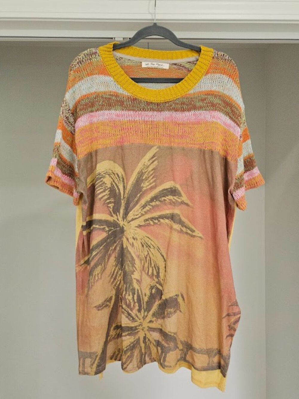 Free people colorful rainbow sunset knit Ibiza Palm Tree Tee Shirt Top Large